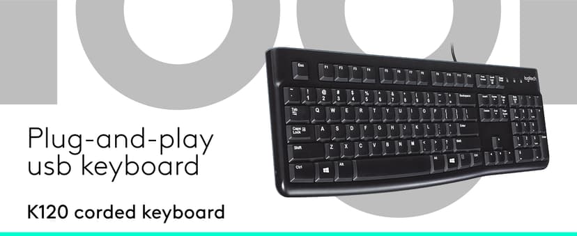 Logitech K120 Wired Keyboard for Windows, USB Plug-and-Play, Full-Size, Spill-Resistant, Curved Space Bar, Compatible with PC, Laptop - Black