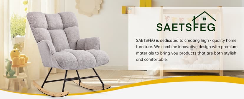 SAETSFEG Rocking Chair Nursery Teddy Upholstered Glider Rocker Rocking Accent Chair Padded Seat with High Backrest Armchair Comfy Side Chair for Living Room Bedroom Offices (Grey Teddy)