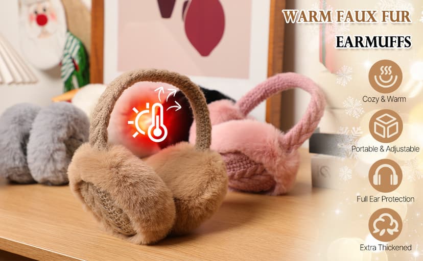 Clothirily Winter EarMuffs for Women, Faux Fur Warm Ear Muffs for Winter, Foldable Ear Covers, Fuzzy Ear Warmers for Women