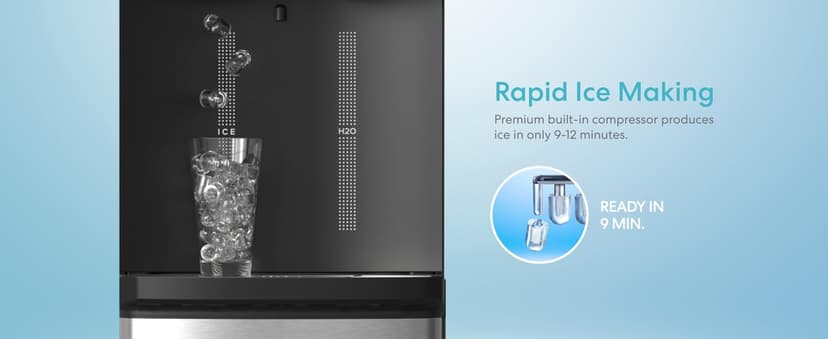 Brio ICE 420 Water Cooler Dispenser for 5 Gallon Bottle with Ice Maker, Bottom Load | UV Self Cleaning Technology, Night Light, Child Safety Lock & 2X Fast Dispense | NSF Certified - Black & Stainless