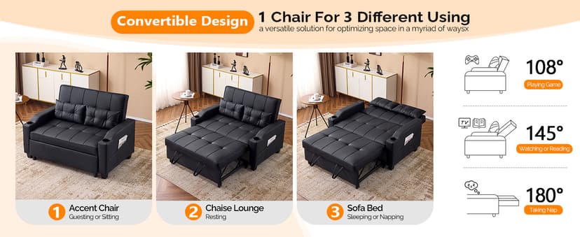 VINGLI Black Futon Sofa Bed Convertible Loveseat Sleeper Couch, Faux Leather Pullout Sofa Fold Out Couch Bed with USB Ports, Cup Holders, Armrest for Living Room, Bedroom Apartment Room