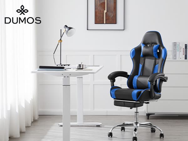 DUMOS Ergonomic Gaming Office Desk Chair with Linkage Armrests for Adults, Height Adjustable Computer Chair with Footrest and Headrest, PU Leather 360° Swivel Recliner with Lumbar Support, Deep Blue