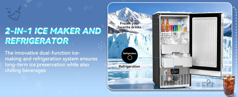 SOZT® Under Counter Ice Maker with Refrigerator Function, 120LBS/24H Commercial Ice Machine, No-Melt Ice Storage, 24H Timer & Self-Cleaning, Built-in/Freestanding for Home Bar Cafe Restaurant