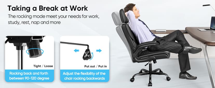 Sytas Executive Leather Office Chair, Comfy Desk Chair with Adjustable Headrest & Flip-up Padded Arms & Lumbar Support, Adjustable Hight and Tilt, Rolling Swivel Chair, Black