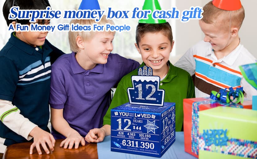 12 Happy Birthday Money Box for Cash Gift, 12th Birthday Decorations for Boys and Girls, Gifts for 12 Year Old Boy, Boy Gift Ideas, Cool Things for Teen -Blue with 100PCS Bags
