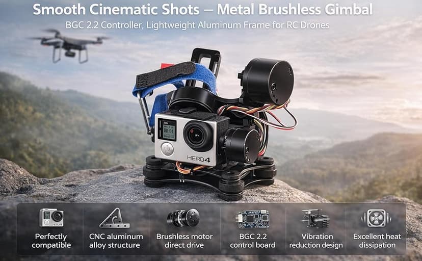 Camera Stabilizer, High Technology Drone Camera Gimbal Metal Brushless Gimbal Board BGC 2.2 for 3/3+ / 4 Camera RC Drone Quadcopter Part (Black) Gimbal Drone