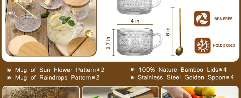 LANDNEOO 4pcs Set Vintage Coffee Mugs gifts for women, Overnight Oats Containers with Bamboo Lids and Spoons - 14oz Clear Embossed Glass Cups, Cute Coffee Bar Accessories, Iced Coffee Glasses