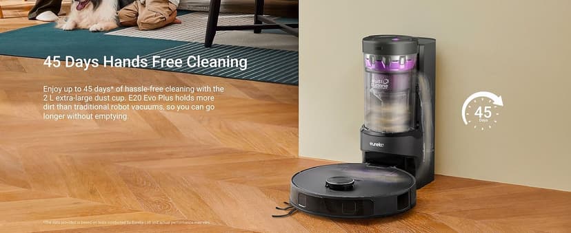 Eureka E20 Evo Plus Robot Vacuum and Mop Combo, 10,000Pa Suction Robot Vacuum Cleaner Bagless Self-Emptying Station, 45-Day Capacity Anti-Hair-Tangling Side Brush Mop Lifting App Control LiDAR Nav