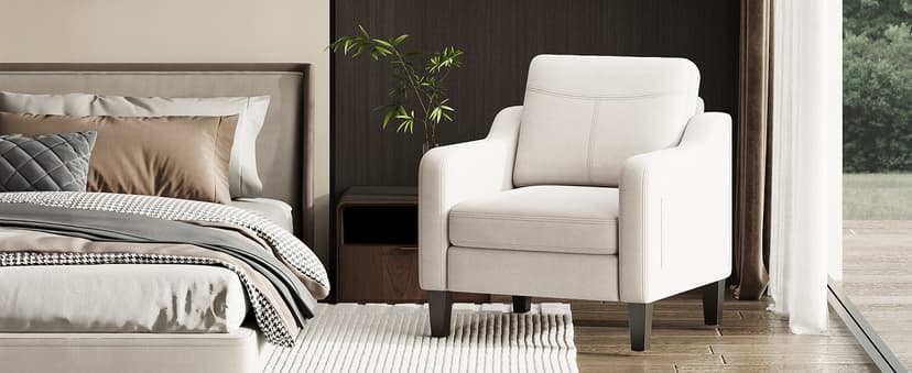 Accent Chair for Living Room Modern Linen Upholstered Armchair Side Wooden Fabric Sofa Chair with Foldable Table 2 Side Pockets Comfy Reading Chair for Bedroom