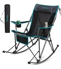 FUNDANGO Oversized Rocking Camping Chair for Adults, Portable Folding Lawn Chairs for Outside with Pillows, Wide Armrest, 2 Cup Holders, Carry Bag for Patio Garden Outdoor Supports 400Lbs (Black/Blue)