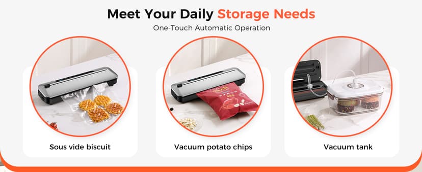 Vacuum Sealer Machine 75KPa Food with 6-in-1 Dry/Moist Modes & Digital Timer, Compact Lightweight Design, Built-in Cutter + 10 Bags (Black Silver)