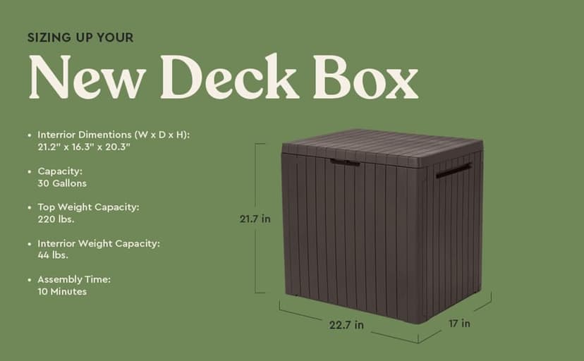 Keter City 30 Gallon Resin Outdoor Storage Box and Patio Furniture Side Table for Pool and Garden Accessories, Dark Grey