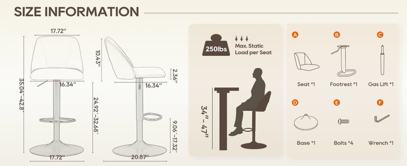 COLAMY Bar Stools Set of 4, Modern Swivel Bar Chairs, Adjustable Upholstered Barstools Counter Height with Full Backrest for Bar, Dining Room, Kitchen Island, Beige