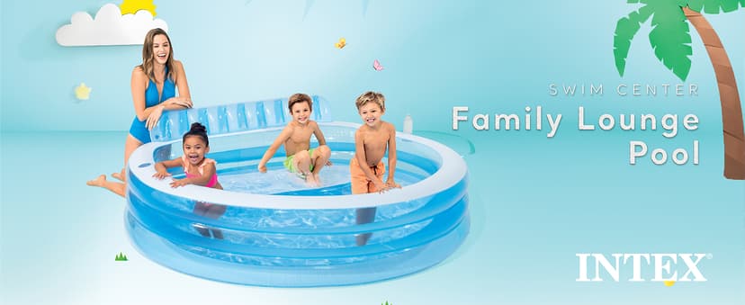 INTEX Swim Center Inflatable Family Lounge Pool: Built-In Bench – Cup Holder – 156 Gallon Capacity – 90" x 86" x 31" – Blue