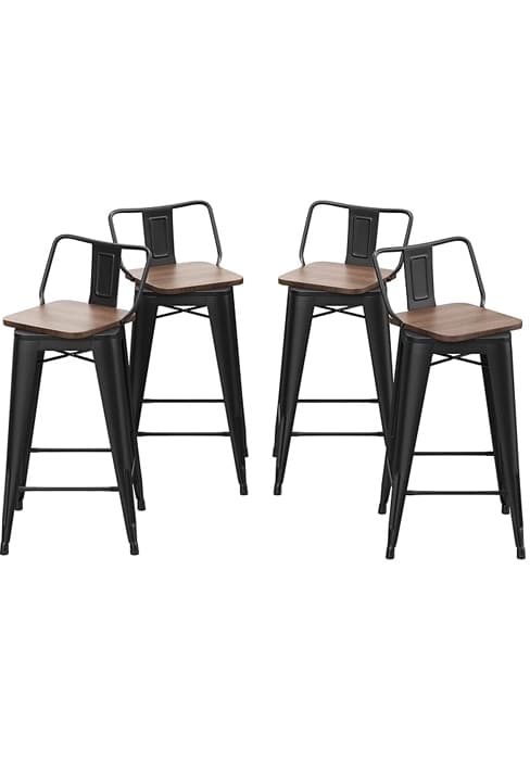 ALISH 26 Inch Industrial Bar Stools Set of 4, High Back Metal Barstools with Large Wood Seat, Counter Height Bar Chairs for Kitchen Island (26 Inch Set of 4, Black)