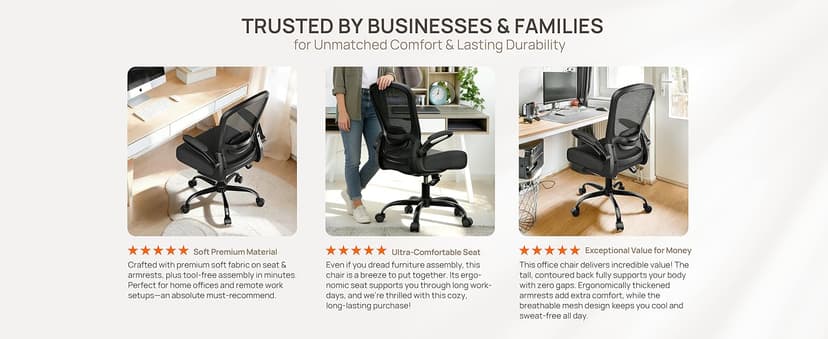 Mimoglad Ergonomic Office Chair - Desk Chair with Flip-up Armrests & 135° Recline, Adjustable Lumbar Support - Space-Saving Task Chair for Business/Team Office & Home (Black, 350lbs)