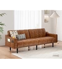 Brelice 80'' Leather Couch, Futon Sofa Bed, Faux Leather Couch with Adjustable Backrest, 2 Cup Holders & Side Pockets, Mid Century Modern Sofa for Living Room, Bedroom, Brown