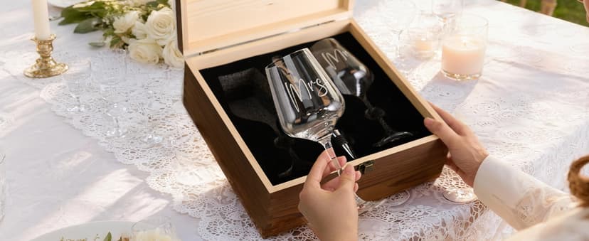 AW BRIDAL Wedding Gifts Bridal Shower Gifts Engagement Gift for Couples Newlyweds Mr & Mrs Wedding Wine Glasses Set of 2 - Wine Opener Wine Stopper with Engraved Wooden Keepsake Box