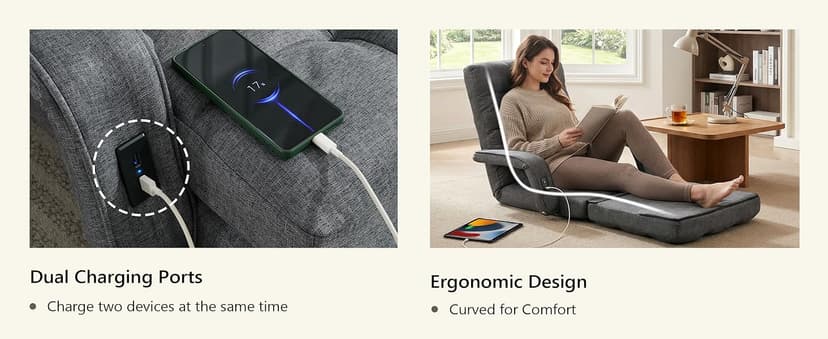 STHOUYN Comfy Floor Chair Bedroom 2 USB Charging Ports, 5-Position Couch Gaming Lounge Chairs Adults, Indoor Folding Lazy Sofa Meditation Arm Dorm Chair Living Room (Grey)