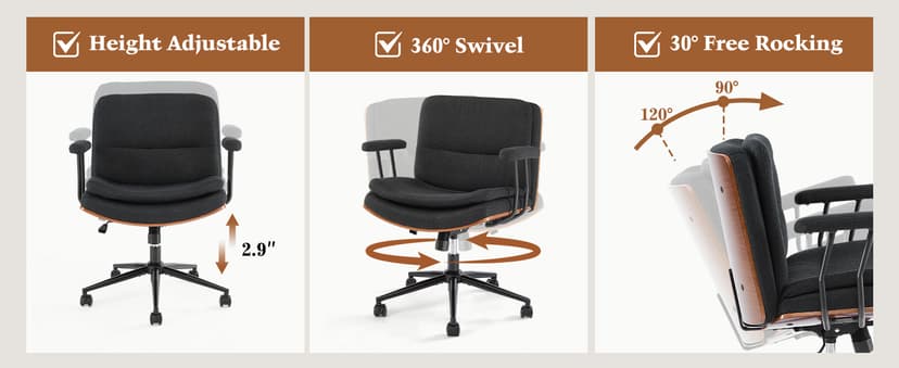 Home Office Desk Chair with Armrests & Wheels, Modern Walnut Swivel Rolling Executive Task Chair, Height Adjustable Ergonomic Computer Chair, Black Fabric