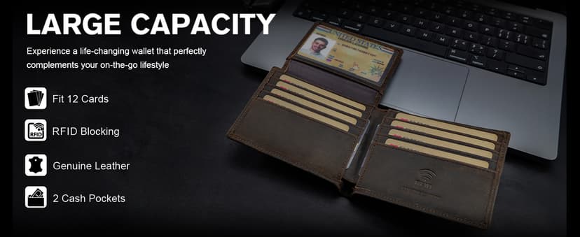 Travelambo Genuine Leather Wallet for Men with Gift Box - Handmade Bifold Stylish - Mens Wallets Rfid Blocking with 2 ID Windows