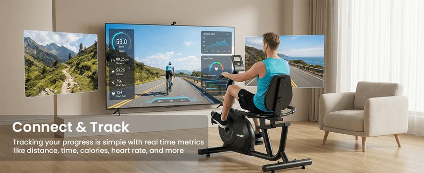 Recumbent Exercise Bike for Home, Quiet Recumbent Stationary Bike with App Sync, 16-Level Magnetic Resistance, Adjustable Seat & LCD Monitor for Adults and Seniors