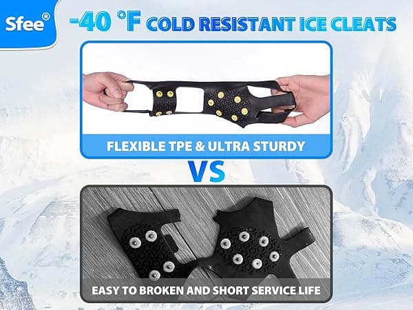 Sfee Ice Cleats for Boots Shoes, Snow Grips Cleats for Ice and Snow Anti-Slip Rubber Traction Cleats for Walking on Snow and Ice 10 Steel Studs Crampons for Hiking, Walking, Climbing, Jogging