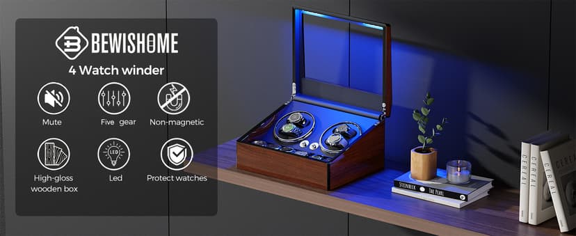 BEWISHOME BEWISHOME Watch Winders for Automatic Watches, Automatic Watch Winder Box Watch Spinner with LED Light, 4 Watch Winder with Quiet Running Motor and 6 Storage Case for Man/Woman's Watches, Brown SYQ01Y
