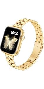 Slim Metal Band for Apple Watch Bands for Women 41mm 40mm 42mm(S10/11) 38mm iWatch Bands, Thin Dressy Fancy Strap for Apple Watch Band Series 10 11 Series 9 8 SE 7 6 5 4 3-Starlight+Rose Gold