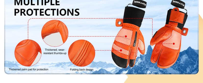 KUTOOK Winter 3 Fingers Ski Mittens Goatskin Thermal 3M Thinsulate Waterproof Snowboarding Gloves with Pocket for Men Women