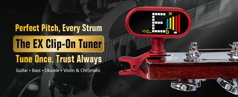 EX Professional Rechargeable Chromatic Clip-On Guitar Tuner — Fast, Ultra-Accurate Clip-On Tuner with Color LCD for Acoustic Guitar, Bass Guitar, Ukulele & Violin, Red