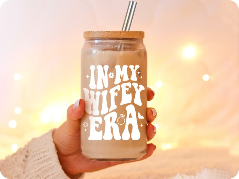 Fairy's Gift Wifey Era Cup, Wedding, Bride Gifts for Her, Bridal Shower, Engagement Gifts for Women, Couples, 16 oz Coffee Glass Cups w/Lids Straws, Bachelorette Presents for Bride to be, Future Mrs