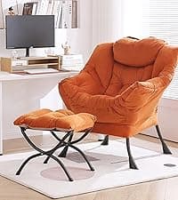 Lazy Chair with Ottoman, Modern Accent Chair with Lumbar Pillow, Dark Grey Sofa, Armchairs with Folding Footrest, Oversized Supportive Chairs for Bedroom, Reading