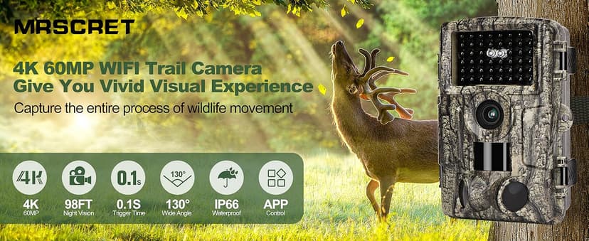 4K 60MP WiFi Trail Camera,Game Cameras with Night Vision Motion Activated Waterproof,Suitable for Outdoor Wildlife Detection, Monitoring Home Security