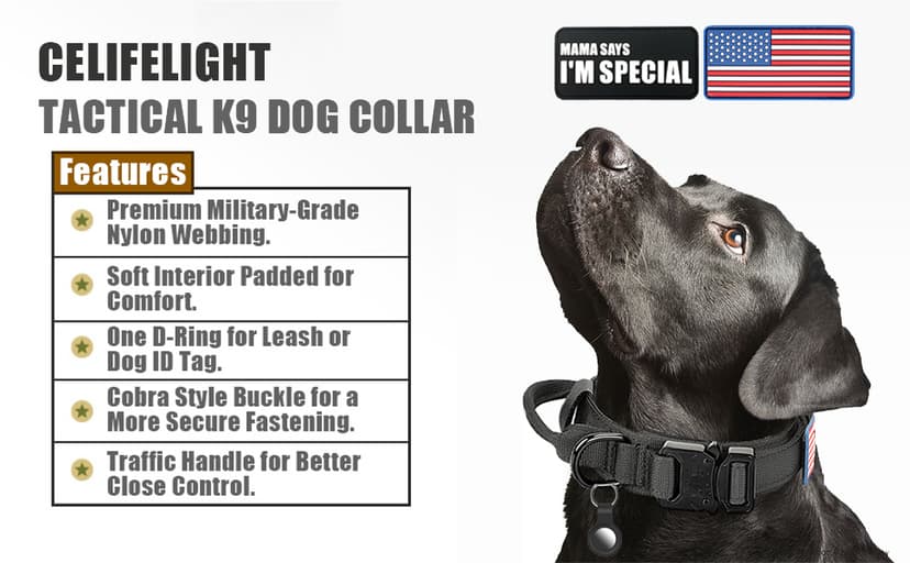 Tactical Dog Collar and Bungee Leash,Military Dog Collar & Leash Set with USA American Flag Adjustable K9 Collar with Heavy Duty Metal Buckle & Handle,with Patches and Airtags Case (L, Black)