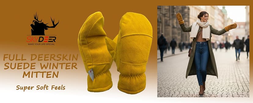 SKYDEER Premium Full Deerskin Suede Leather Soft Winter Mittens, Extra Warm 100G 3M Thinsulate, Thermal Insulated (SD3671M)