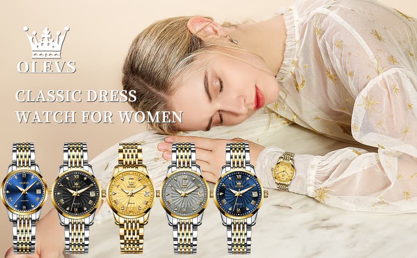 OLEVS Womens Automatic Watches Gold Classic Diamond Ladies Self Winding Mechanical Two Tone Stainless Steel Wrist Watch Date