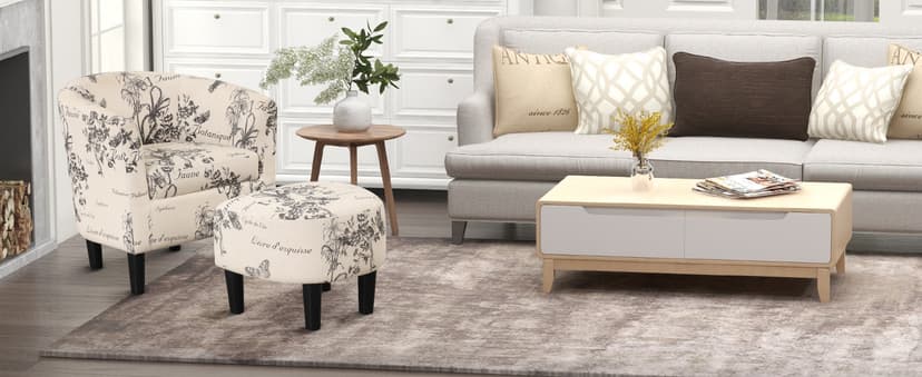 INZOY Modern Accent Chair with Ottoman for Small Space, Club Chair with Ottoman Set, Comfy Fabric Barrel Reading Chairs for Living Room Bedroom, Round Reading Chair with Foot Rest, Flower Pattern