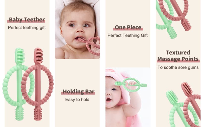 Baby Teething Toys with Easy-Hold Handle, Silicone Infant Toothbrush, Textured On Both Sides Helps Massage, Soothe Sore Gums, Teething Toys for Babies 0-6 Months, 6-12 Months Bright Green & Caramel