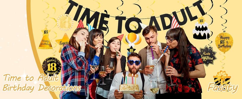 Black&Gold 18th Birthday Decorations for Boys Girls Happy 18th Birthday Decorations for Men Women Pre-Strung Time to Adult Banner and Hanging Swirls 18 Years Old Party Supplies