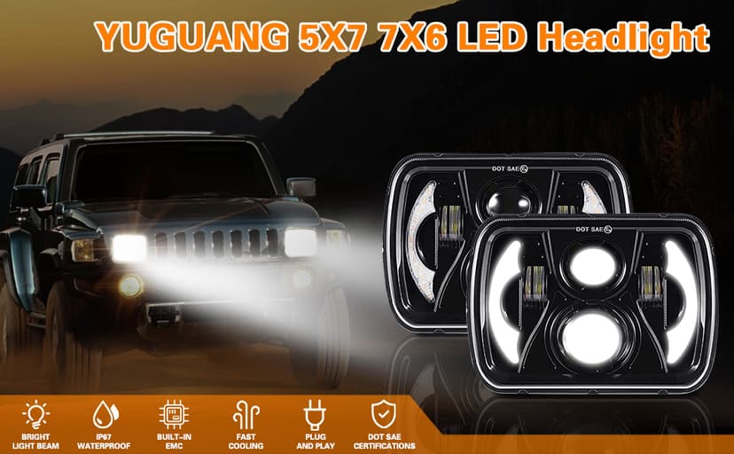 YUGUANG 5x7 7x6 LED Headlights, H6054 LED Headlights Hi/Low Beam DRL Amber Turn Signal DOT Approved Compatible with Wrangler YJ XJ Cherokee Truck Van, 2PCS