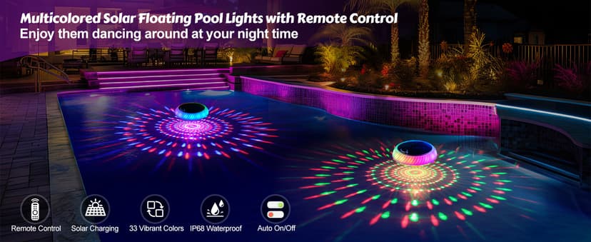 Askyli Floating Pool Lights Solar with Remote, 7.6 Inch RGB Up and Down Color Changing Solar Pool Lights That Float with Dynamic Lighting Effects, Floating Light for Pools, Party, Decor(2)