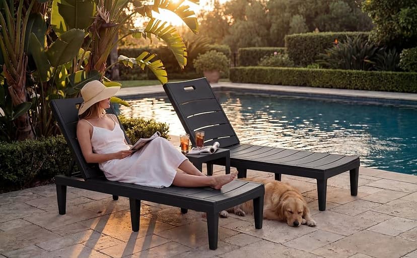 Greesum Outdoor Chaise Lounge Chairs Set of 2 with 5-Position Adjustable Backrest, Waterproof PP Sun Loungers for Garden Pool Beach Patio Deck Sunbathing, Black