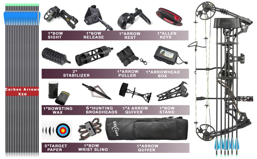 Compound Bow Kit, Hunting and Target, Limb Made in USA,Draw Weight 30-70 lbs Adjustable, Draw Length 19-30.5",up to IBO 320FPS Speed, Package with Archery Hunting Accessories