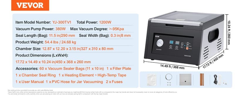 VEVOR Chamber Vacuum Sealer, 380W Vacuum Pump Power, Sealing Bag Packing Machine for Wet Foods, Meat, Compact Design with 11.5 in Sealing Length, Ideal Commercial Sealer for Professional and Home Use
