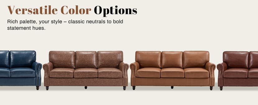 Kingfun Mid-Century Modern Couch, Faux Leather Sofa, 3 Seater Couch for Living Room with Rolled arms & Nailhead Trim, Brown