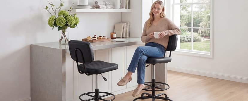 DUMOS Armless Drafting Chair, Low Back Office Seat with Adjustable Footrest Ring for Standing Desk, Ergonomic PU Leather Office Seating, Swivel Rolling High Stool for Studio, Lab, Counter, Black