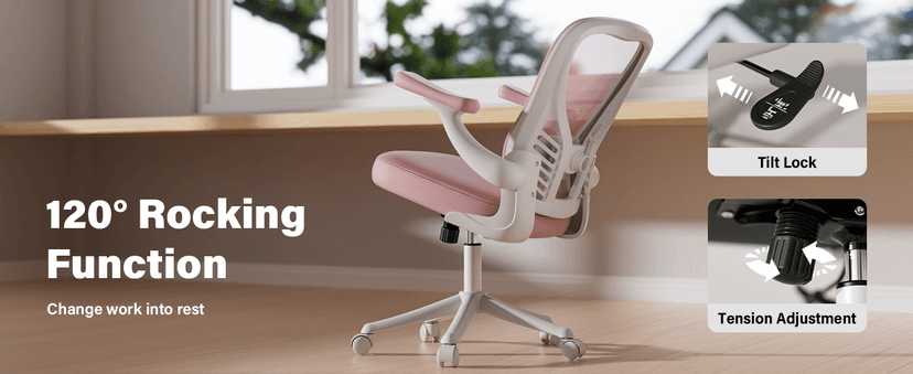 GYI Ergonomic Office Chair, Mesh Desk Chair with Adjustable Lumbar Support and 3D Flip-up Arms, Computer Chair with Wheels, Pink