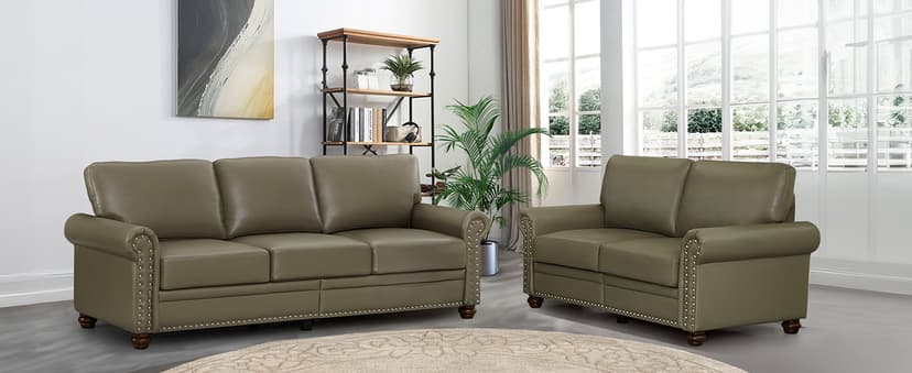 2 Piece Faux Leather Sofa Set,Modern Couch and Loveseat Sets with Storage,Mid Century Couch with Rivet Rolled Arm,Comfy Deep Seat Sofa,Furniture for Living Room,Office(Loveseat+3 Seater,Black)