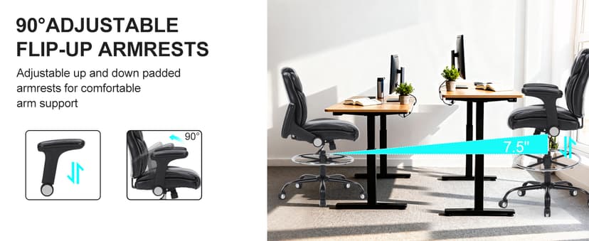 Drafting Chair, Tall Office Chair with Adjustable Armrests Mid-Back Standing Desk Chair with Footrest Ring, PU Leather High Executive Desk Chair Counter Height Office Chair for Home and Office, Black